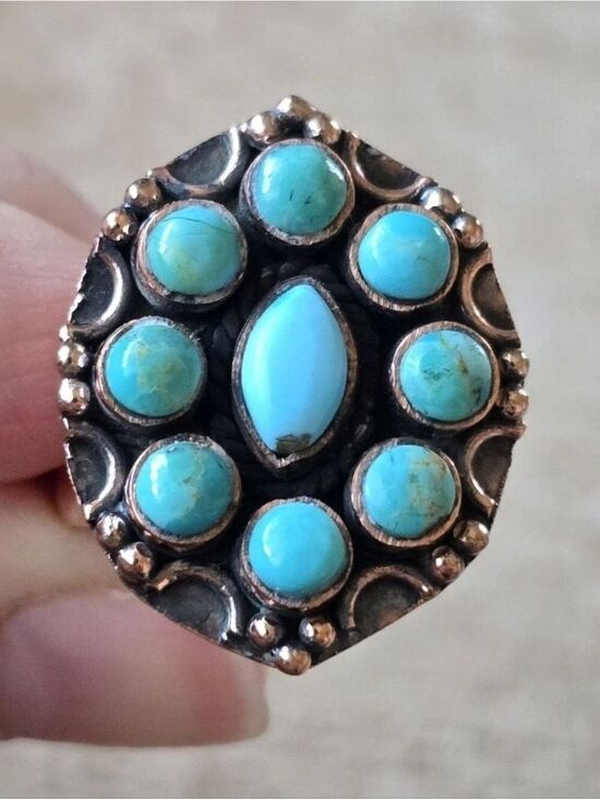 Handmade Jewelry - Southwestern Kingman Turquoise Cluster Ring Copper